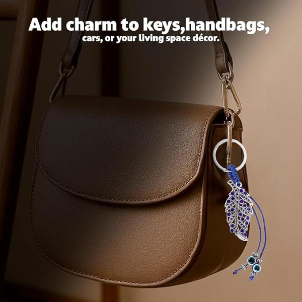 Evil eye keychain for car blue feather nazar charm stylish keyring accessory